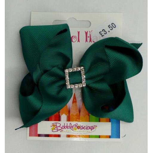 School Hunter Green 4inch Boutique Bow with Square Diamond Buckle