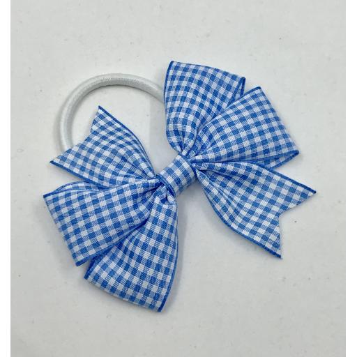 Light Blue and White Gingham Checked 3 inch Pinwheel Bow on White Elastic