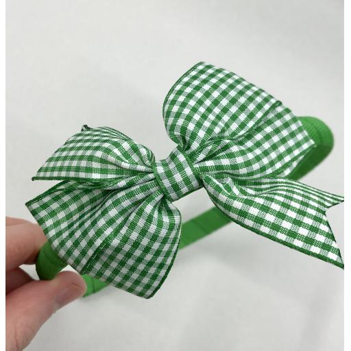 Green Hairband with Green and White Gingham Checked 3 inch Pinwheel Bow