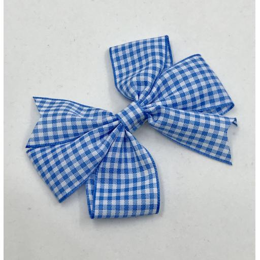 Light Blue and White Gingham Checked 3 inch Pinwheel Bow on Clip