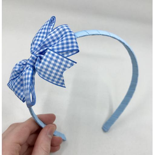 Light Blue Hairband with Light Blue and White Gingham Checked 3 inch Pinwheel Bow