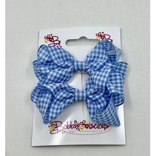 Pair of Light Blue and White Gingham Checked 3 inch Boutique Bows on Clips