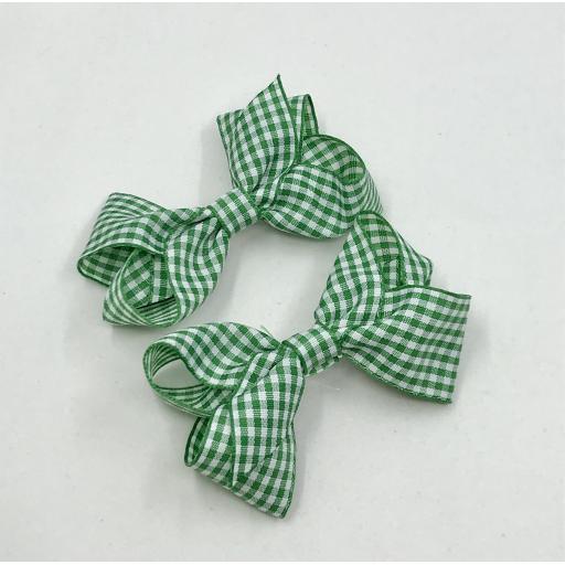 Pair of Green and White Gingham Checked 3 inch Boutique Bows on Clips