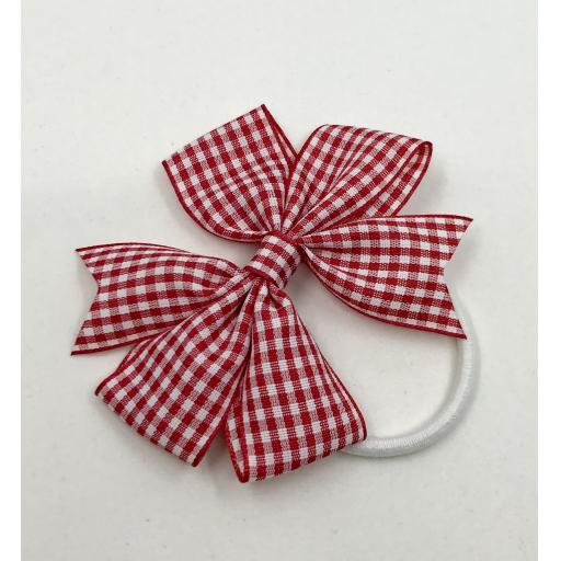 Red and White Gingham Checked 3 inch Pinwheel Bow on Elastic