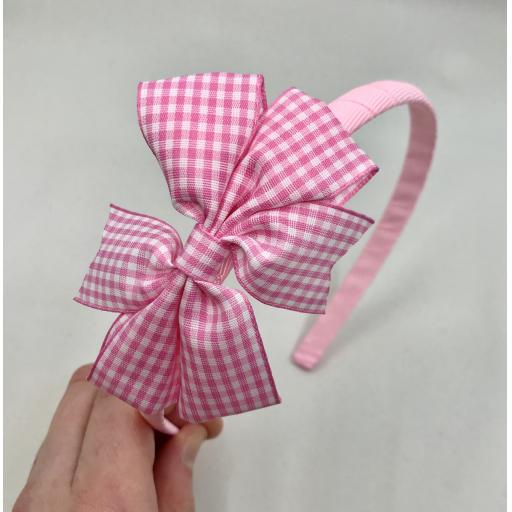 Pink Hairband with Pink and White Gingham Checked 3 inch Pinwheel Bow