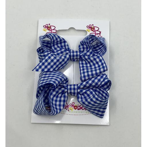 Pair of Royal/Cobalt Blue and White Gingham Checked 3 inch Boutique Bows on Clips