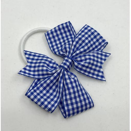 Royal/Cobalt Blue and White Gingham Checked 3 inch Pinwheel Bow on White Elastic