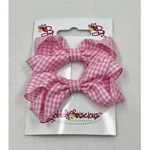 Pair of Pink and White Gingham Checked 3 inch Boutique Bows on Clips