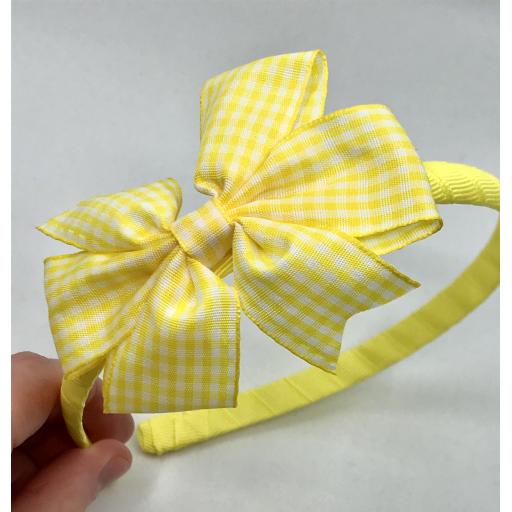 Yellow Hairband with Yellow and White Gingham Checked 3 inch Pinwheel Bow