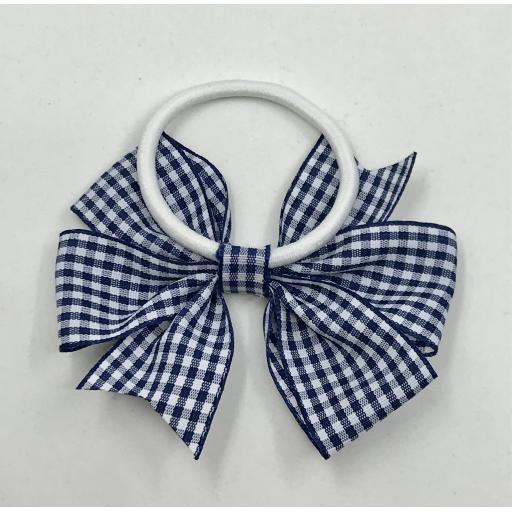 Navy and White Gingham Checked 3 inch Pinwheel Bow on White Elastic Band