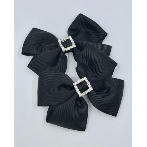 Black Classic Double Bows with Square Diamond Buckle on Clips (pair)