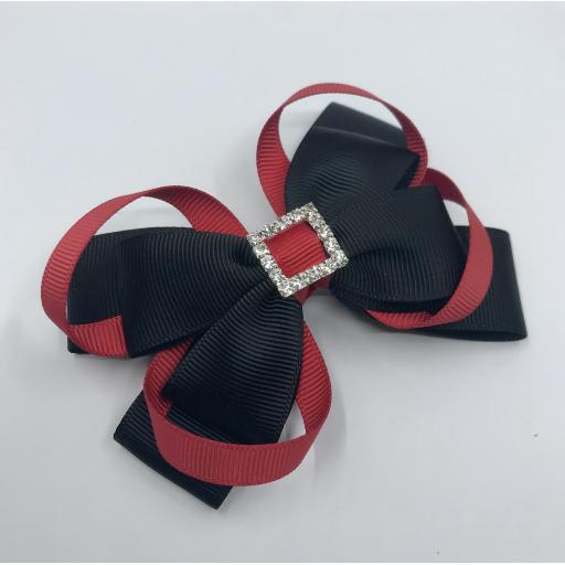 Black Double Layer Bow with Red Loops on Clip