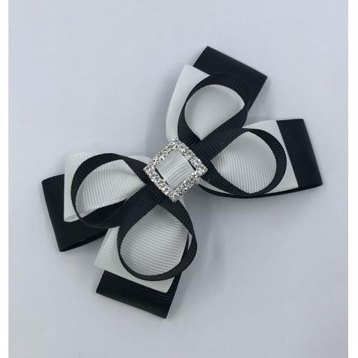 Black and White Double Layer Bow with Loops on Clip