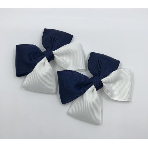 Navy and White Double Bows on Clips (pair)