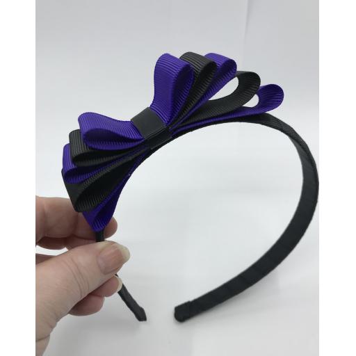 Black Hairband with Black and Purple Five Layer Bow