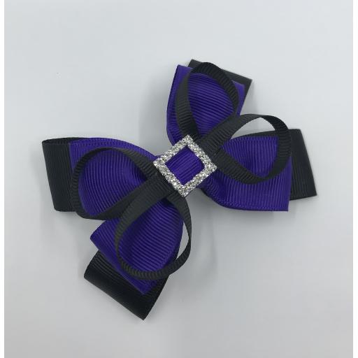 Black and Purple Double Layer Bow with Loops on Clip