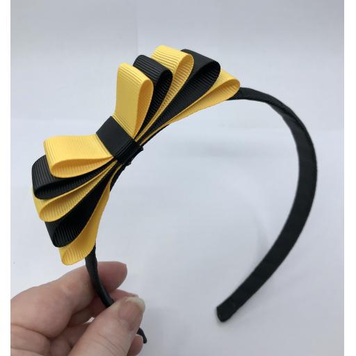 Black 1.5cm Hairband with 5 Layer Black and Yellow Gold Straight Classic Bow