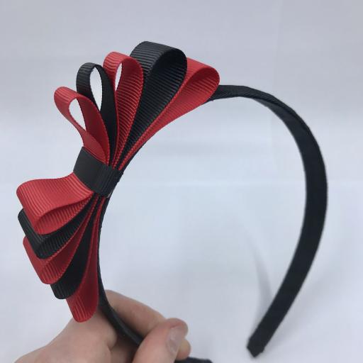 Black 1.5cm Hairband with 5 Layer Black and Red Straight Classic Bow
