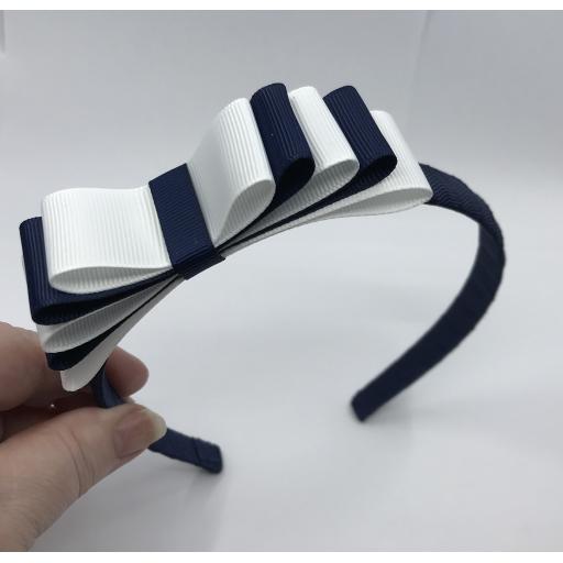 Navy 1.5cm Hairband with 5 Layer Navy and White Straight Classic Bow
