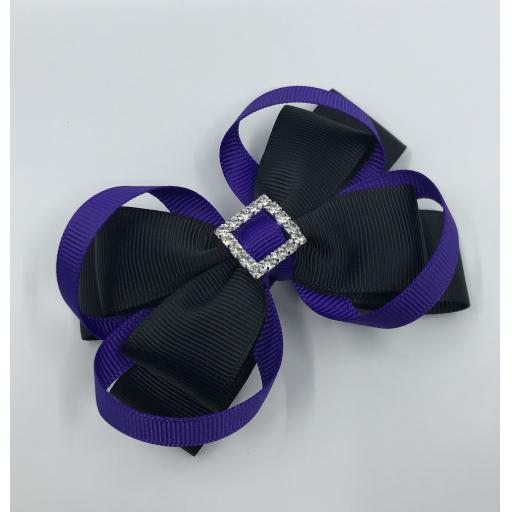 Black Double Layer Bow with Purple Loops on Clip