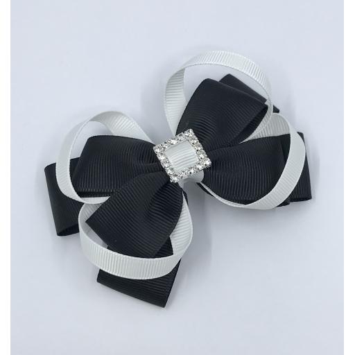 Black Double Layer Bow with White Loops on Clip
