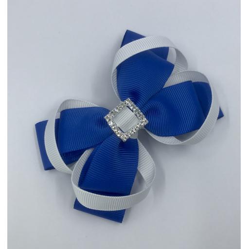 Royal Blue Double Layer Bow with White Loops on Clip