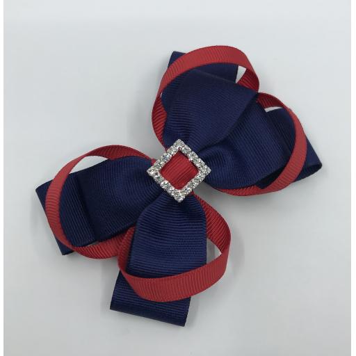 Navy Double Layer Bow with Red Loops on Clip