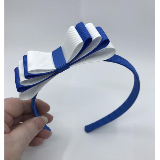 Royal Blue 1.5cm Hairband with 5 Layer Royal and White Straight Classic Bow