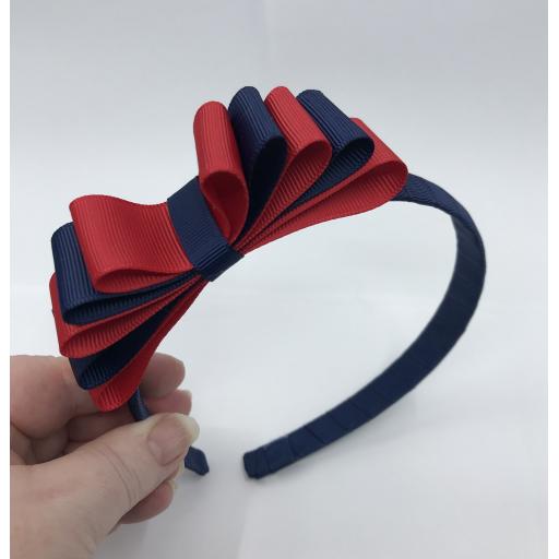 Navy 1.5cm Hairband with 5 Layer Navy and Red Straight Classic Bow
