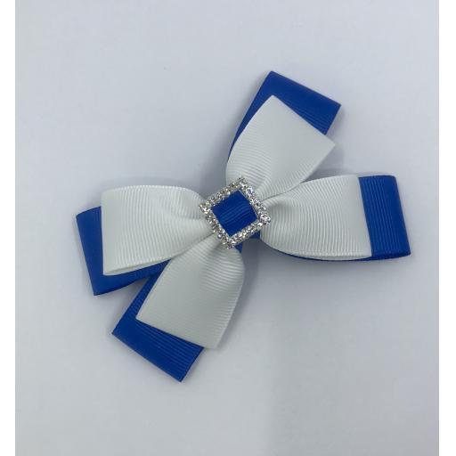 Royal Blue and White Double Layer Bow on Clip