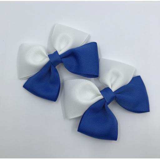 Royal Blue and White Double Bows on Clips (pair)