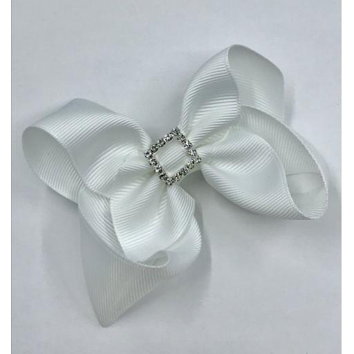 4 inch White Boutique Bow with Diamante Buckle on clip