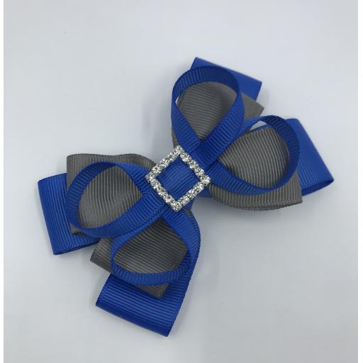 Royal Blue and Grey Double Layer Bow with Loops on Clip