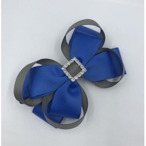 Royal Blue Double Layer Bow with Grey Loops on Clip