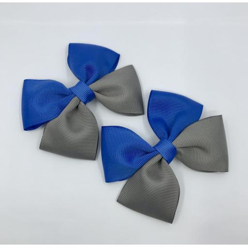 Royal Blue and Grey Double Bows on Clips (pair)