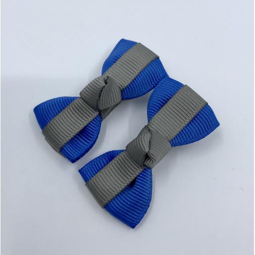 Itty Bitty Royal Blue and Grey Bow on Clips (pair)