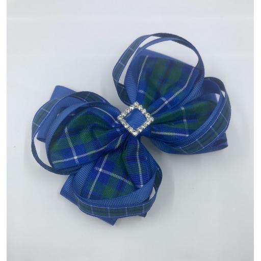 5 Inch Douglas Tartan and Royal Blue Ribbon Double Bow with Double Loops Hair Clip