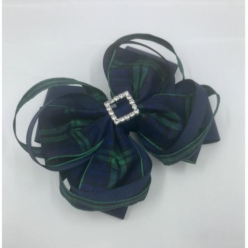 5 Inch Black Watch and Navy Ribbon Double Bow with Double Loops Hair Clip