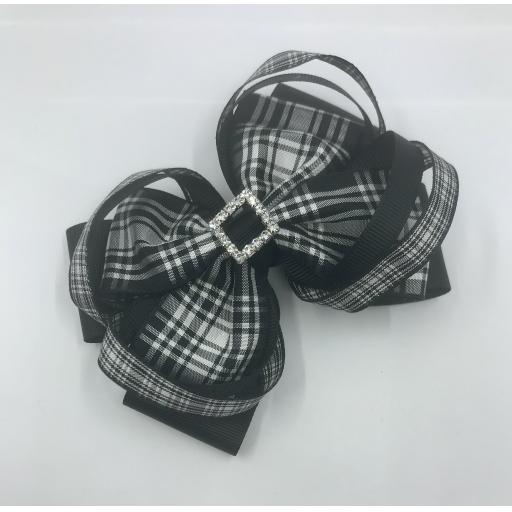 5 Inch Menzies Tartan and Black Ribbon Double Bow with Double Loops Hair Clip
