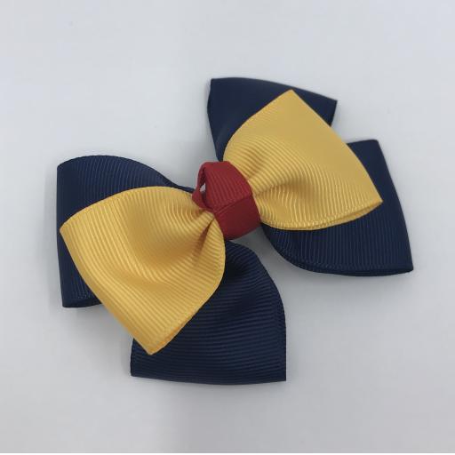 Navy Double Layer Bow with Yellow Gold Single Top Layer and Red Top Knot on Clip