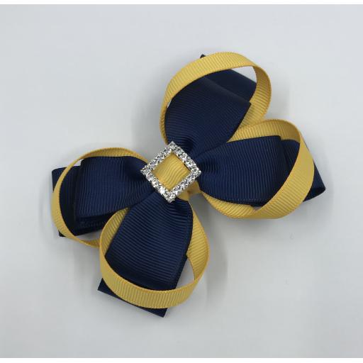Navy Double Layer Bow with Yellow Gold Loops on Clip
