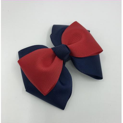 Navy Double Layer Bow with Red Single Top Layer and Top Knot on Clip