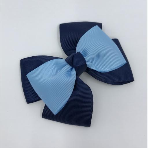 Navy Double Layer Bow with Light Blue Single Top Layer and Top Knot on Clip