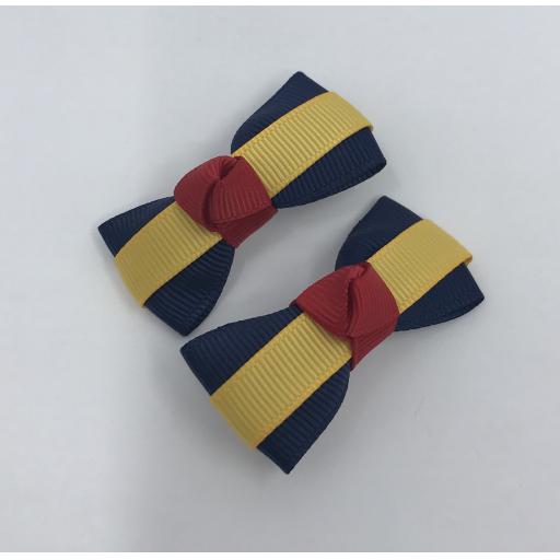 Itty Bitty Navy, Yellow gold and Red Bow on Clips (pair)