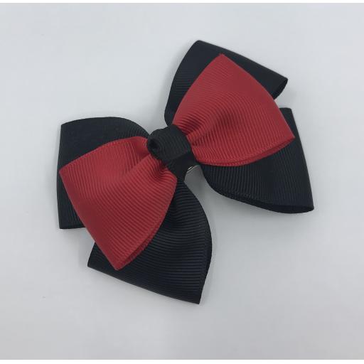 Black Double Layer Bow with Red Single Top Layer and Top Knot on Clip