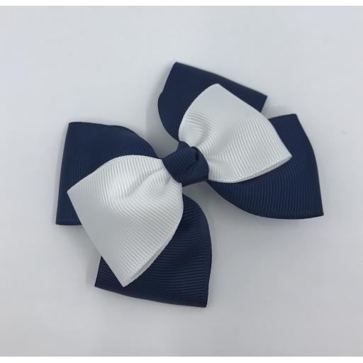 Navy Double Layer Bow with White Single Top Layer and Top Knot on Clip