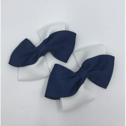 Navy and White Diagonal Double with Bows on Clips (pair)