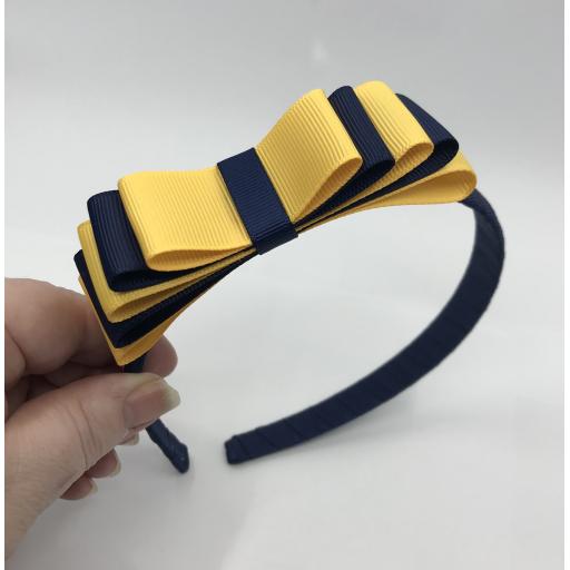 Navy 1.5cm Hairband with 5 Layer Navy and Yellow Gold Straight Classic Bow