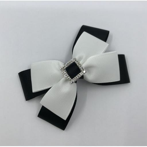 Black and White Double Bow with Diamante Buckle