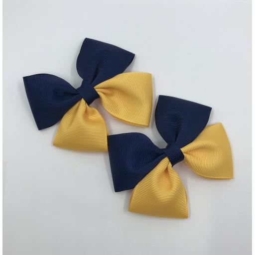 Navy and Yellow Gold Double Bows on Clips (pair)